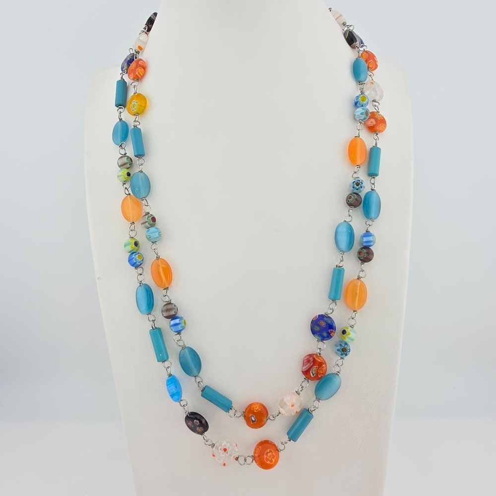 Vtg COOKIE LEE Millefiori Necklace Boho Colorful Art Glass Beads Silver Tone 40"